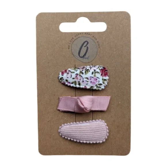 Ootje Kadootje Babyhaarclipjes - Print Roze/Rib Roze - 3 stuks
